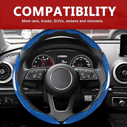 3pcs Universal Carbon Fiber Steering Wheel Cover - Anti-Slip & Segmented Design, Universal 99% Durable Steering Wheel Protector for Men and Women, Car Interior Accessory (Blue)