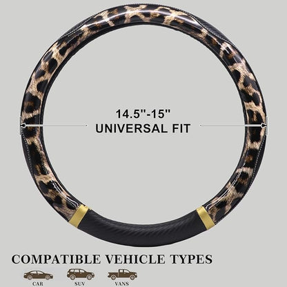 KAFEEK Dark Brown Leopard Steering Wheel Cover, 15 inch Carbon Fiber Texture, Glossy Cheetah Pattern, Non-Slip Microfiber Leather, Universal Fit for SUV Sedan