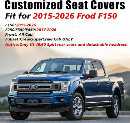 Coverado Front Seat Covers for Ford F150 2015–2026, F250/F350/F450 2017–2026 SuperCrew Crew Cab, Full Coverage Leather Car Seat Covers, Blue Line