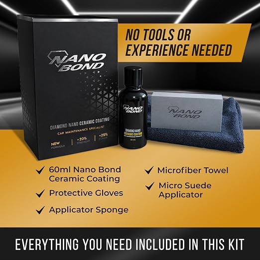 Nano Bond Ceramic Coating 9H PRO (60ML), Car, Plastic, Glass, and Wheel Exterior Care Product kit, Hydrophobic, Long Lasting Professional Care, High Gloss Paint Shine, Automotive Polishing Sio2