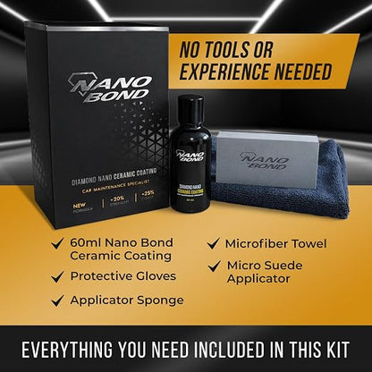 Nano Bond Ceramic Coating 9H PRO (60ML), Car, Plastic, Glass, and Wheel Exterior Care Product kit, Hydrophobic, Long Lasting Professional Care, High Gloss Paint Shine, Automotive Polishing Sio2