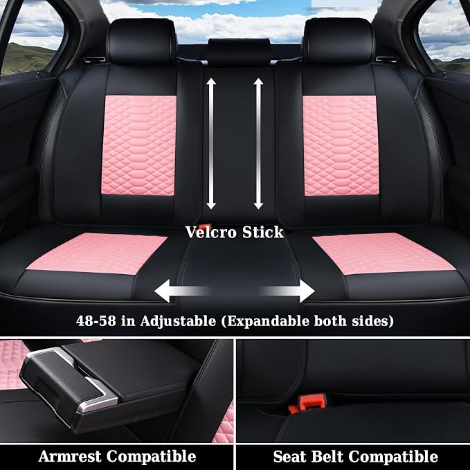 Coverado Seat Covers Full Set, Waterproof Nappa Leather Seat Covers for Cars, 5 Seats Universal Car Seat Protectors, Black and Pink Leather Car Seat Covers Car Seat Cushions Fit for Most Cars