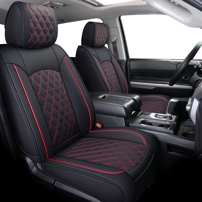 YIERTAI Truck Seat Covers for Toyota Tundra 2008-2023 2024 2025 2026 Crewmax Double Cab Limited Platinum 1794 Edition Tundrasine Concept Waterproof Leather(2 PCS Front only/Black-Red)