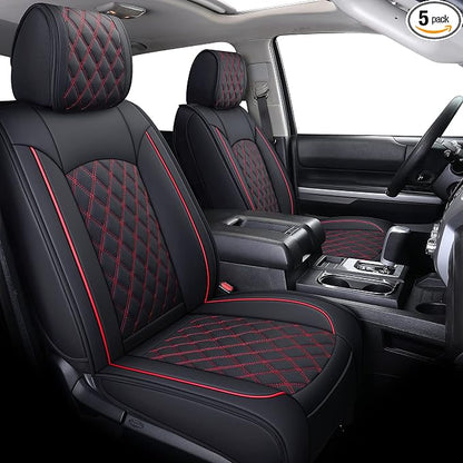 YIERTAI Trucks Seat Covers Compatible with 2008-2023 2024 2025 2026 Toyota Tundra SR5 Crewmax Double Cab Crew Extended Cab Pickup Waterproof Leather Seat Protectors(5 PCS Full Set/Black-Red)