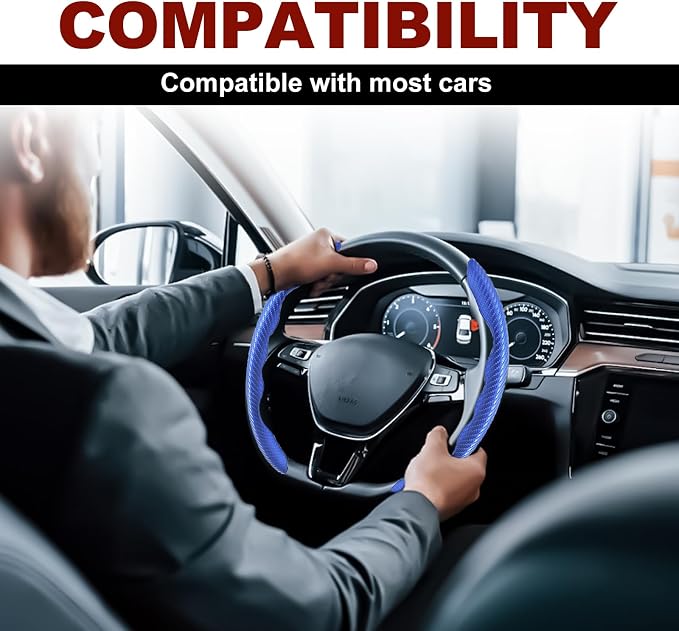 Universal Fit Carbon Fiber Steering Wheel Cover, Segmented Steering Wheel Protector, Carbon Fiber Anti-Skid Steering Wheel Cover Car Interior Accessories (2 Pcs Blue)