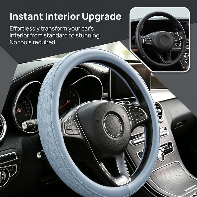 Zpana Car Steering Wheel Cover, 14.5-15" Breathable Soft Leather Vehicle Steering Wheel Protector with Anti-Slip Lining, Comfortable Auto Interior Decoration Accessories, Universal Fit (Blue)