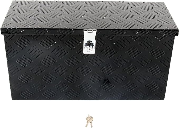 24'' Inch Stripes Plated ATV UTV Aluminum Tool Box Truck Bed Toolbox Waterproof Square Storage Organizer with Lock and Keys Black(‎24" L x 9.5" W x 12.5" H)