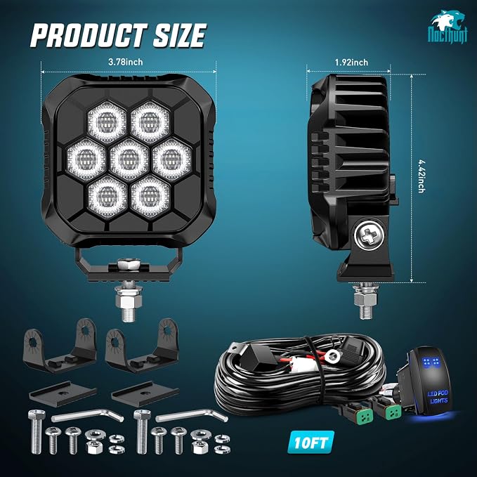 Nilight LED Pod Light 2 PCS 3.8 Inch 45 W 9 LED Square Hyper Flood Beam Offroad Driving Lights w/16 AWG Rocker Switch Wiring Harness Kit for Truck Motorbike Boat ATV UTV