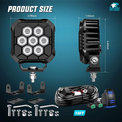 Nilight LED Pod Light 2 PCS 3.8 Inch 45 W 9 LED Square Hyper Flood Beam Offroad Driving Lights w/16 AWG Rocker Switch Wiring Harness Kit for Truck Motorbike Boat ATV UTV