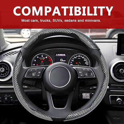 3pcs Universal Carbon Fiber Steering Wheel Cover - Anti-Slip & Segmented Design, Universal 99% Durable Steering Wheel Protector for Men and Women, Car Interior Accessory (Silver)