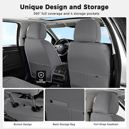 Huidasource Front Car Seat Covers, Nappa Leather Grey Car Seat Cushion Covers, Waterproof Full-Coverage Front Seat Cover with Lumbar Support Fit for Most Cars SUV Trucks, Gray
