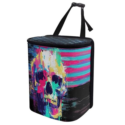 Talayituse Paint Splatter Skull Print Car Trash Bin, Large Size Auto Trash Can Adjustable Portable Garbage Can with Lid, Vehicle Hanging Bag for Headrest Front Back Seat