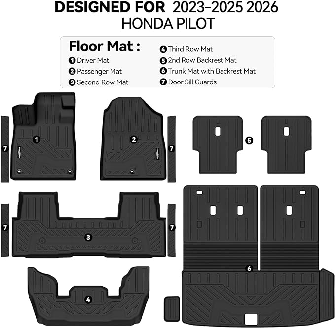 Floor Mats for Honda Pilot 2023-2025 2026, Trunk Mat with Backrest Mat & Door Sill Guard All Weather TPE Protector for Honda Pilot Accessories