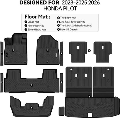 Floor Mats for Honda Pilot 2023-2025 2026, Trunk Mat with Backrest Mat & Door Sill Guard All Weather TPE Protector for Honda Pilot Accessories