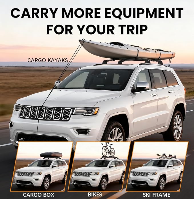 300lbs Roof Rack Cross Bars Compatible with Jeep Grand Cherokee 2011-2021 with Factory Grooved Side Rails, Aluminum Lockable Roof Rails Crossbar for Rooftop Cargo Carrier Luggage Kayak Canoe