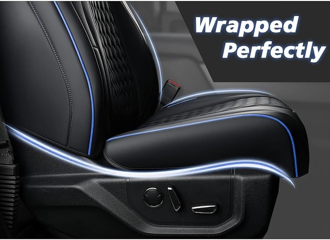 Coverado Full Set Leather Car Seat Covers for F150,Waterproof Automotive Seat Covers for Cars,SUVs,Pickup Trucks,Compatible with 2015-2026 F150 SuperCrew,2017-2026 F250 F350 F450 Crew Cab, Blue Line