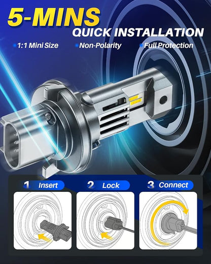 AUTOONE Latest 9008 H13 Light Bulbs, 1:1 Mini Size, 60,000LM Brightness, 6500K Cool White, Easy 3 Min Plug and Play, IP68 Rated, Long Lifespan, Pack of 2