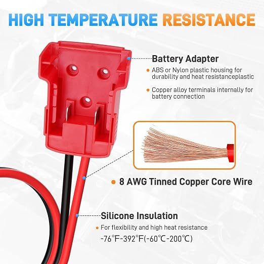 Jumper Cables with Alligator Clips Compatible with Milwaukee M18 18V Battery, 2ft 8AWG Silicone Wire Jumper Starter Clamps, Automotive Booster Cable for Jump Starting Car Using Tool Battery