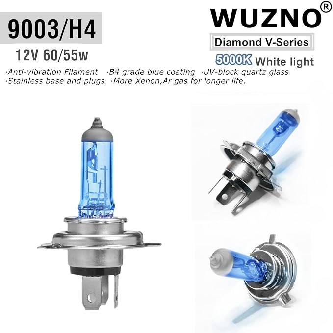 9003/H4 Halogen Headlight Bulb, White Light 12V 60/55w 64193 12342 P43T 5000K Headlamp Repacelment 2 Pack Long Life
