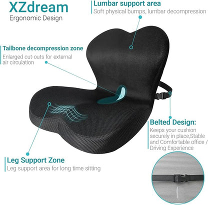 Memory Foam Seat Cushion,Office Chair Cushion with Lumbar Support for Back Pressure Relief, Car Seat Cushion with Adjustable Strap,Sciatica Pad Cushions for Car,Truck, Desk (D-black+mesh Cloth)