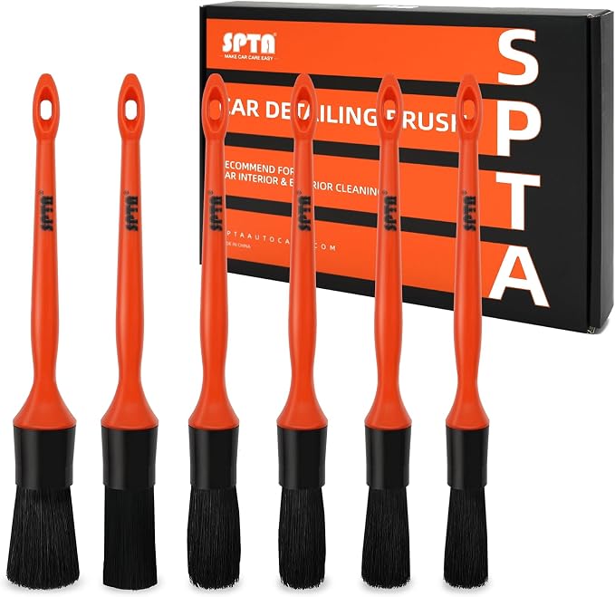 SPTA Car Detailing Brush Kit - 6 Pack, Auto Boar Hair Detail Brush Set Automotive Interior Exterior No Scratch Microfiber Detailing Brushes for Cleaning Air Vents, Engine Bays, Dashboard and Wheels