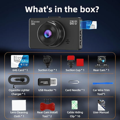 Dash Cam Front and Rear Dash Camera WiFi/APP Control Car Camera with 64G Card 2.5K Front Dash Cam+1080P Rear Dashcams with Super Night Vision, Loop Recording, G-Sensor