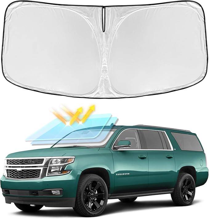 for Chevy Suburban 2015-2020 Windshield Sun Shade - 4 Layers Car Sunshades for Front Windows Shade Cover Custom Fit Suburban Sun Visor 240T Retractable Shade Blocks UV Rays Car Accessories