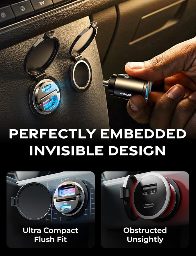 AINOPE 90W for iPhone 17/16/15 Pro Max Car Charger USB C Fast Chage, [Mini&Metal] Invisible Cigarette Lighter Adapter with 3FT USB C to C Cable, Car Accessories for Mother Him Her, Adapter for iPhone