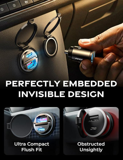 AINOPE 90W for iPhone 17/16/15 Pro Max Car Charger USB C Fast Chage, [Mini&Metal] Invisible Cigarette Lighter Adapter with 3FT USB C to C Cable, Car Accessories for Mother Him Her, Adapter for iPhone