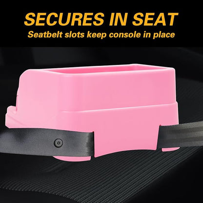 Large Size Plastic Console for Cars, Trucks, Minivans, SUVs with 2 Adjustable Drink Cup Holders pad Book Holder, Back Bench and Front Seat or Floor Middle Console Universal Vehicle Organizer Pink
