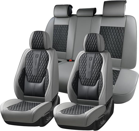 Coverado Car Seat Covers Full Set, Nappa Leather Seat Covers, Waterproof Car Seat Protector with Lumbar Support, Automotive Seat Covers Universal Fit for Most Cars SUV Trucks (Black-Gray)