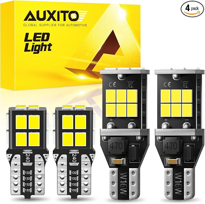 AUXITO 194 168 LED Bulb & 921 912 W16W LED Bulb Combo Kit, Error free for 2825 W5W Led License Plate Light Dome Map Trunk Marker Light and 906 T15 led Backup Reverse Light,6000K White, Pack of 4