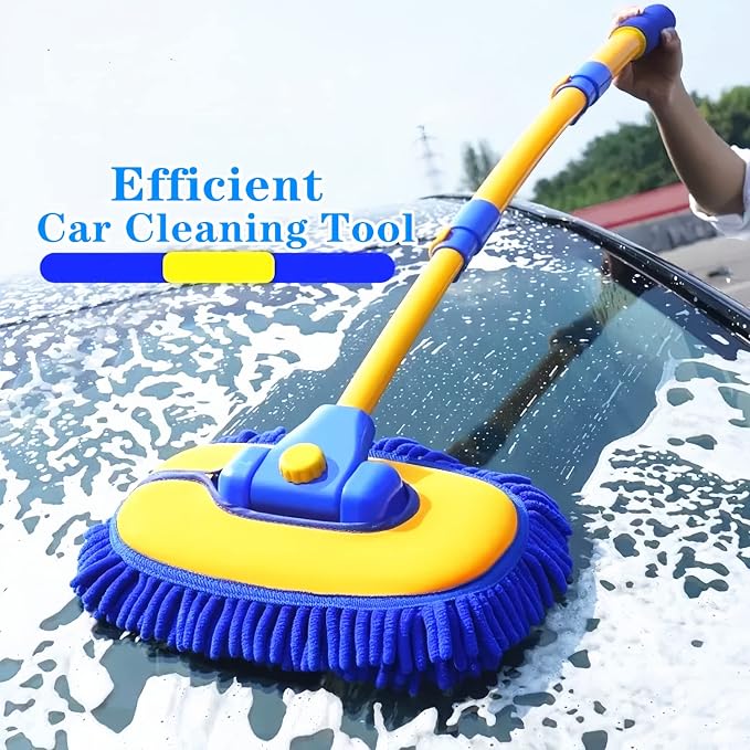 Mveqrrn Upgrade Car Wash Brush with Long Handle,Chenille Microfiber Car Cleaning Brush Supplies Kit Car Wash Mop Accessories Car Washing Brush with Scratch-Free Replacement Head(Blue