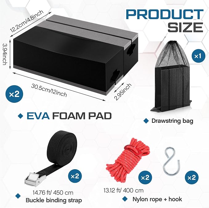 12 Inch Kayak Canoe Roof Carrier Foam Blocks Kit with Straps, Universal Car Top Carrier Pads for Kayak Canoe Surfboard Transport, Soft High Density Foam Roof Rack Replacement
