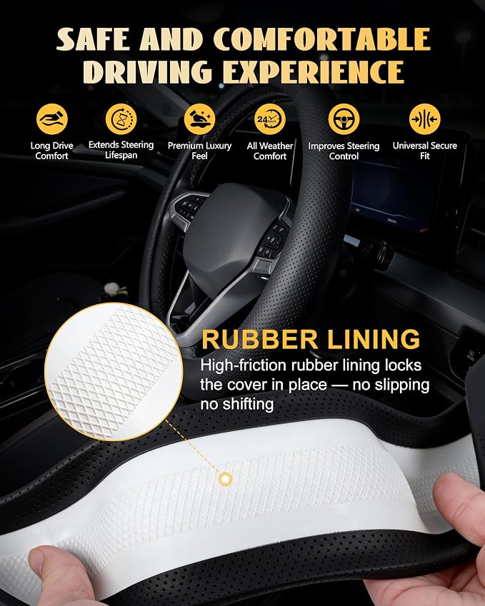 Leather Car Steering Wheel Cover, Premium Nappa Leather with Anti-Slip Lining, Universal 15 Inch, Fits SUVs, Vans, Sedans, Trucks