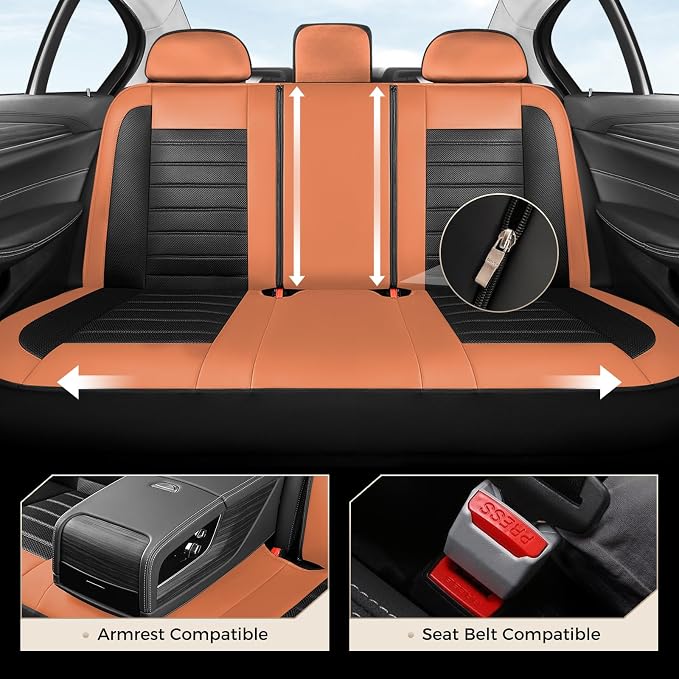 Coverado Car Seat Covers Full Set, Luxury Leather Car Seat Protector, Automotive Front and Rear Mesh Seat Covers, Full Set 5 Seats, Orange&Black Seat Cushion for SUV Sedan Truck