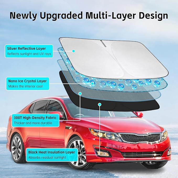 Windshield Sun Shade for Kia Optima 2011-2020 Sunshade 300T Windshield Cover Blocks UV Rays Custom Fit Optima Front Window Shades Windshield Accessories Keep Cool Foldable