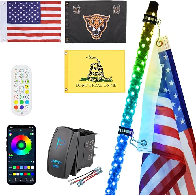 Ehaho 1 Pack 3FT Whip Lights,LED Whip Light with App & Remote Control, Spiral RGB Chasing Lighted Whips with Rocker Switch, Music Whip Light for UTV ATV Polaris RZR Can-Am SXS Truck