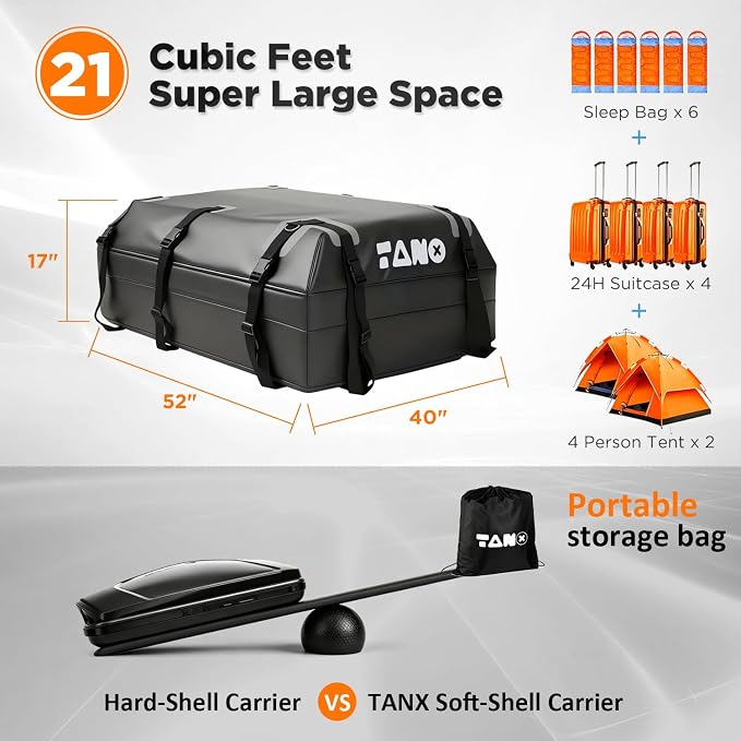 TANX Car Roof Bag - 21 Cubic Feet Rooftop Cargo Carrier, 100% Waterproof for All Cars with/Without Roof Rack, Includes Anti-Slip Mat, 12 Reinforced Straps, 6 Door Hooks, Luggage Lock & Storage Bag