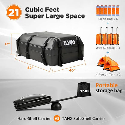 TANX Car Roof Bag - 21 Cubic Feet Rooftop Cargo Carrier, 100% Waterproof for All Cars with/Without Roof Rack, Includes Anti-Slip Mat, 12 Reinforced Straps, 6 Door Hooks, Luggage Lock & Storage Bag