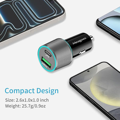 67.5W Gray Car Charger USB C Super Fast Charging, 45W USBC&QC3.0 Port Plug for iPhone 17 Pro Max/Air/16/15/iPad, Samsung S26 Android Cell Phone, Dual 12V Cigarette Lighter Adapter+3.3 ft Type C Cable