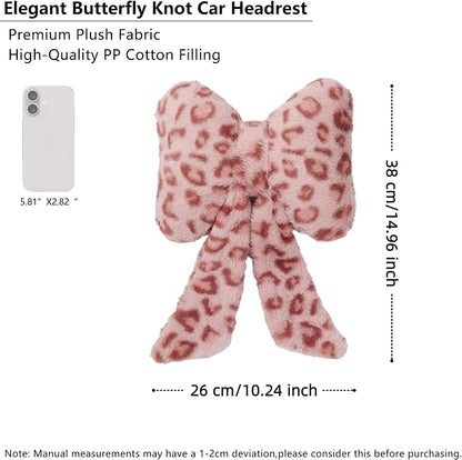Car Neck Pillow 2PCS Plush Bowknot Car Headrest Pillow – Comfortable Neck Support for Driving Soft Touch Fabric Car Pillow Cute Interior Decor (Pink Leopard)