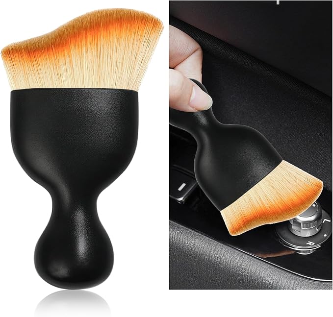 Car Interior Detailing Brush, Curved Car Interior Cleaning Brush with Ultra Soft Bristles & Dust Cover, Scratch-Free Auto Dusting Brushes for Dashboard AC Vent Leather (Brown)