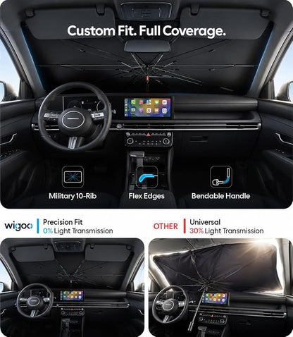 Wigoo Windshield Sun Shade Umbrella for Hyundai Tucson [100% Sun Blockage, Ice Cooling Fabric] Reflective Heat Insulation, Foldable Front Window Sunshade Umbrella for Hyundai Tucson 2005-2026