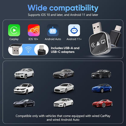 Wireless Car Adapter 3-in-1 Auto Adapter Converts Wired to Wireless with USB a to C Connector Plug and Play for Stable Phone Connection Navigation and Voice Control