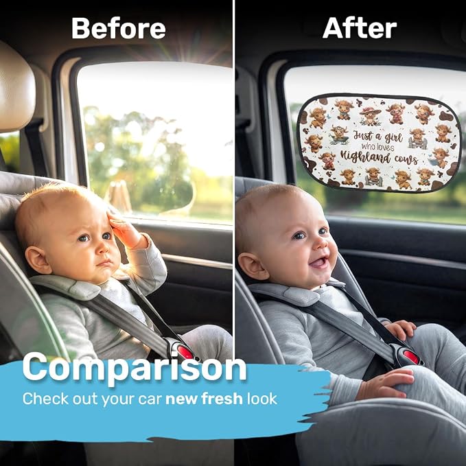 GENANY 2pcs Highland Cow Window Sun Shade for Sedan SUV Truck (21x14 Inches), Sun Shades for Side Window, Accessories for Kids, Baby Window Shades, Summer Car Decor