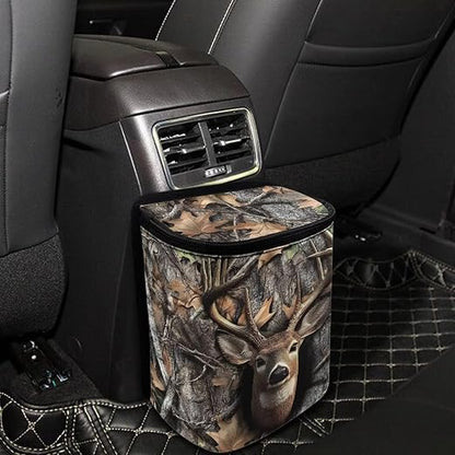 Hunting Deer Forest Camo Print Car Trash Can with Lid and Zipper Portable Foldable Garbage Can Hanging for Headrest Leakproof Organizer and Storage Bag Car Accessories