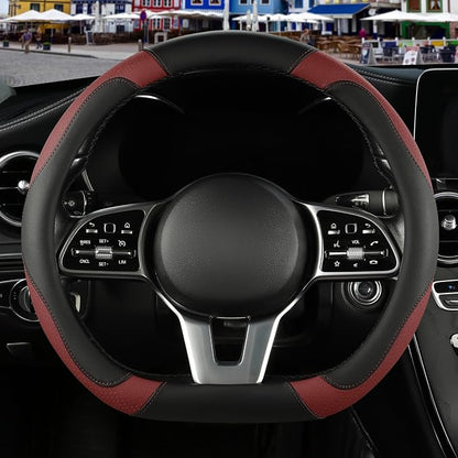 Microfiber Leather D Shaped Steering Wheel Cover, Breathable, Anti Slip, 13.5 inch to 14 inch, Black with Burgundy