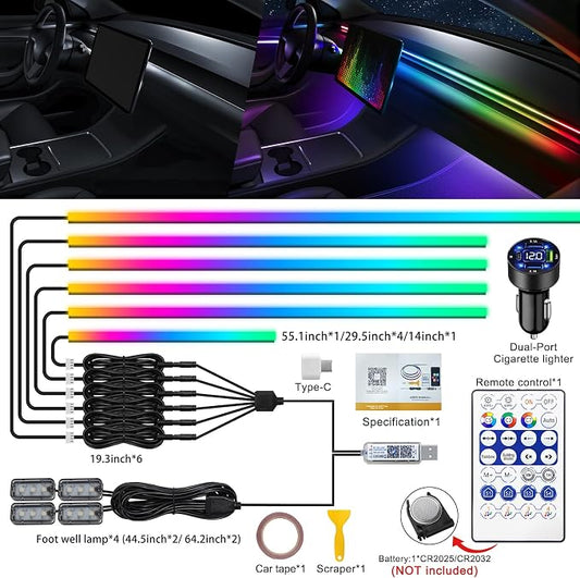 Dreamcolor Acrylic Interior Car LED Strip Light with USB/Type C/4-Port Cigarette Lighter, RGB 10 in 1 with 187 inches 650 LEDs Ambient Lighting Kits, Sound Active Function Neon Led Strips for Car