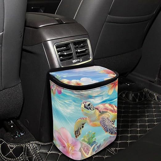 Talayituse Turtle Hibiscus Plumeria Print Car Trash Bin, Large Size Auto Trash Can Adjustable Portable Garbage Can with Lid, Vehicle Hanging Bag for Headrest Front Back Seat